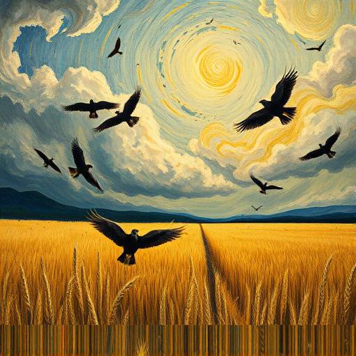 Vincent van Gogh's 'Wheatfield with Crows', portraying a dramatic wheatfield under a turbulent sky.